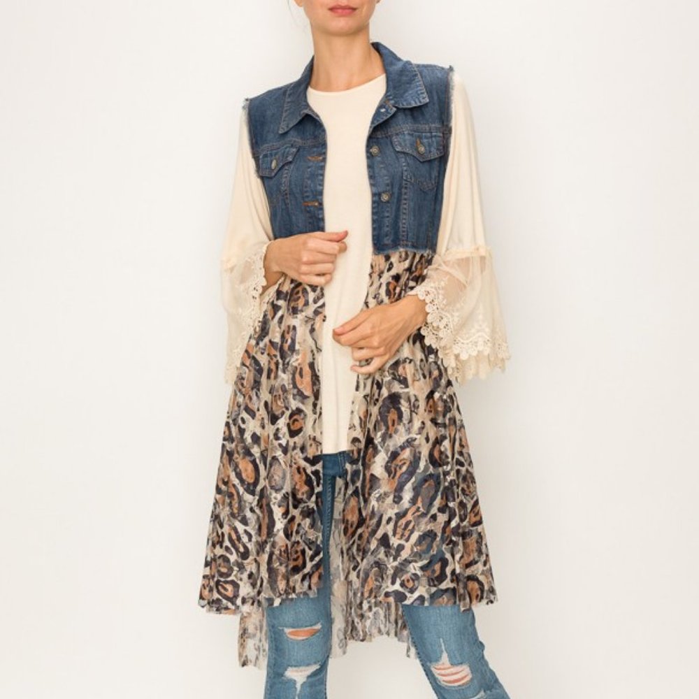 NEW ORIGAMI DENIM & LACE LEOPARD VEST CARDIGAN SM-3X SEXY bohemian western